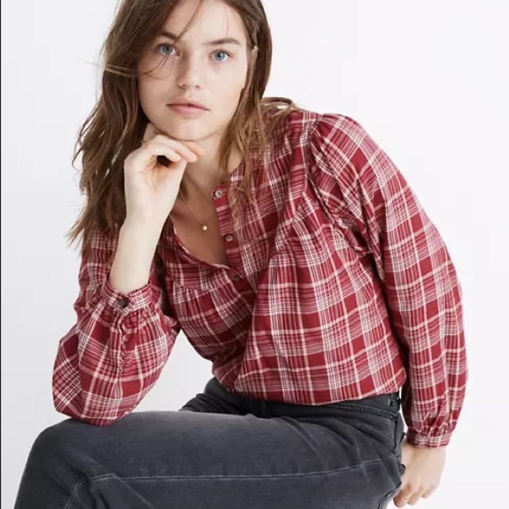 madewell | balloon sleeve peasant top maroon red plaid s